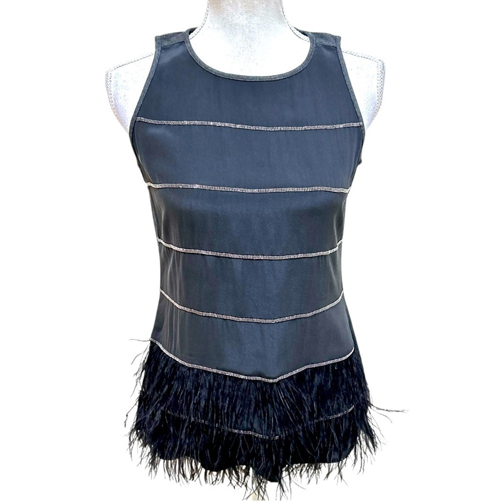 EE by Etcetera 100% silk gray sleeveless top with feather bottom trim size 2